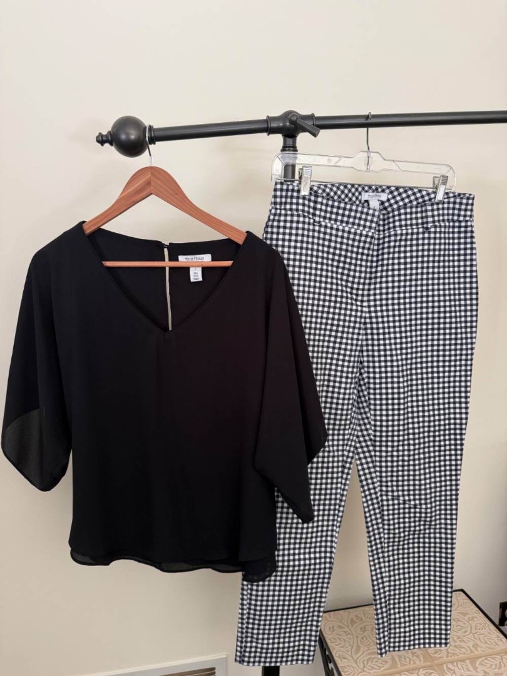 WHBM 2 pc Outfit Black Chiffon V-Neck Blouse/Gingham Slim Ankle Pants